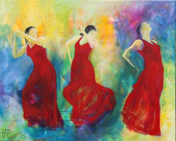 Painting of women - flamenco dancers in red dresses