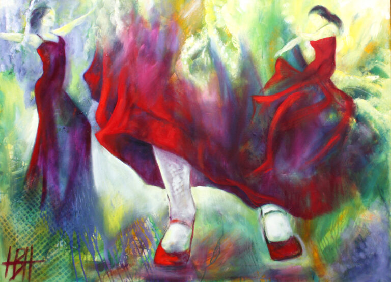 Flamenco dancers feet and two other dancers in red. Painting in oil on canvas