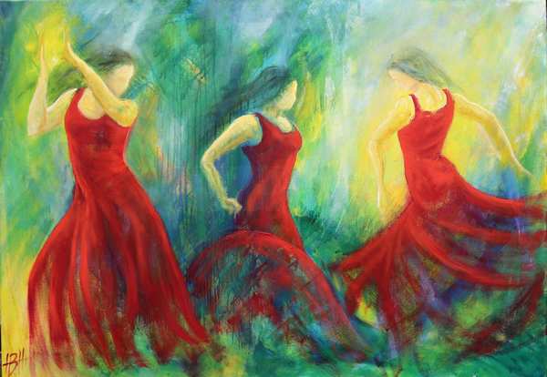 Three flamenco dancers painted in oil on canvas