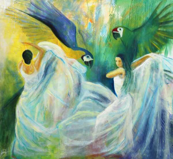 Painting of two flamenco dancers in white and two parrots