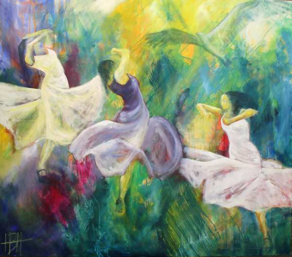 Painting of three flamenco dancers dancing under an eagle