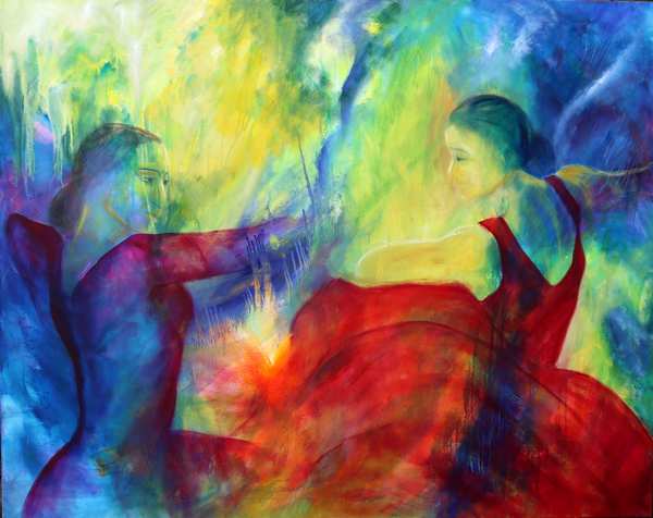 painting of two flamenco dancers in red